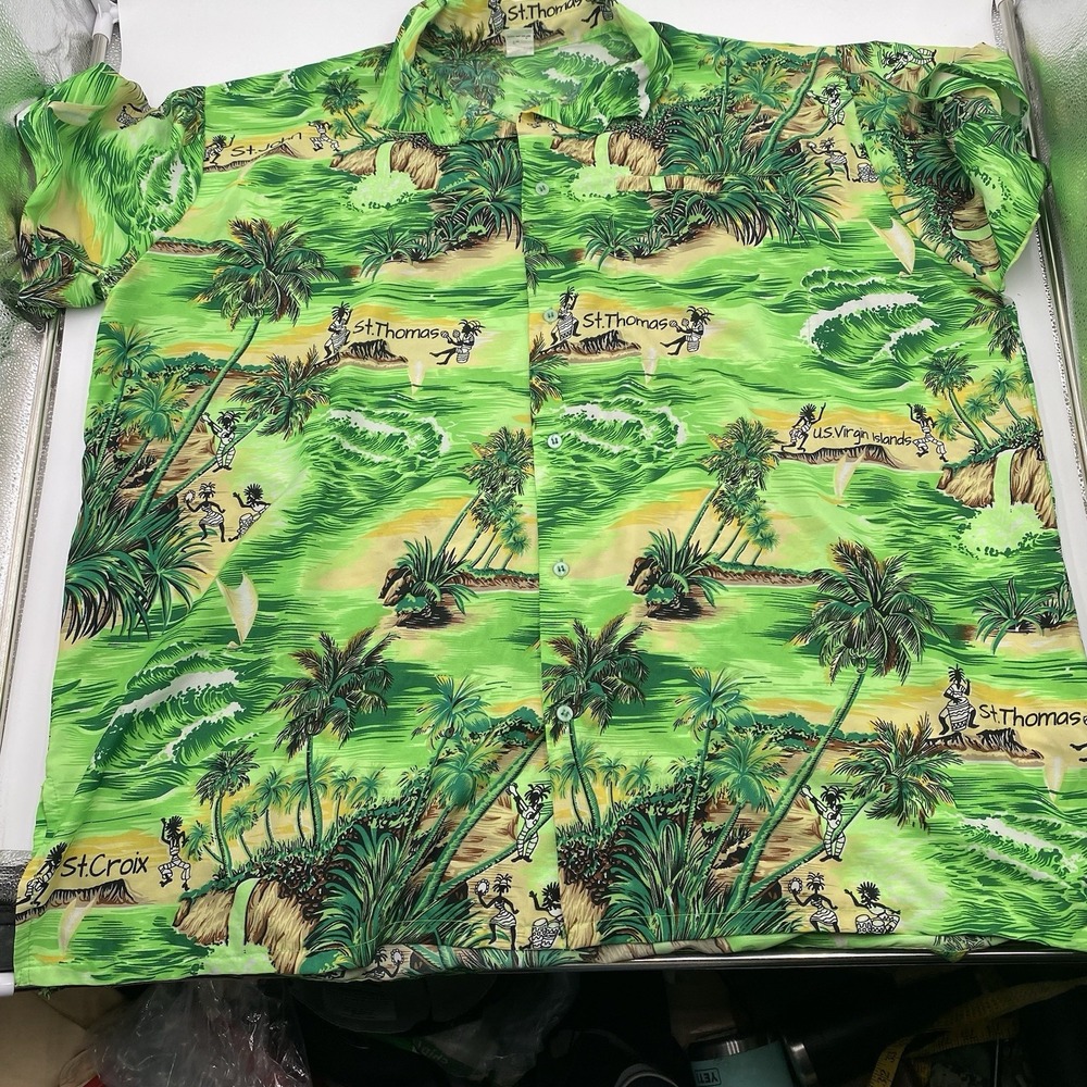 St. Thomas Virgin Islands Hawaiian Shirt‎ Mens 2XL Green Palm Tree  Aloha Tiki